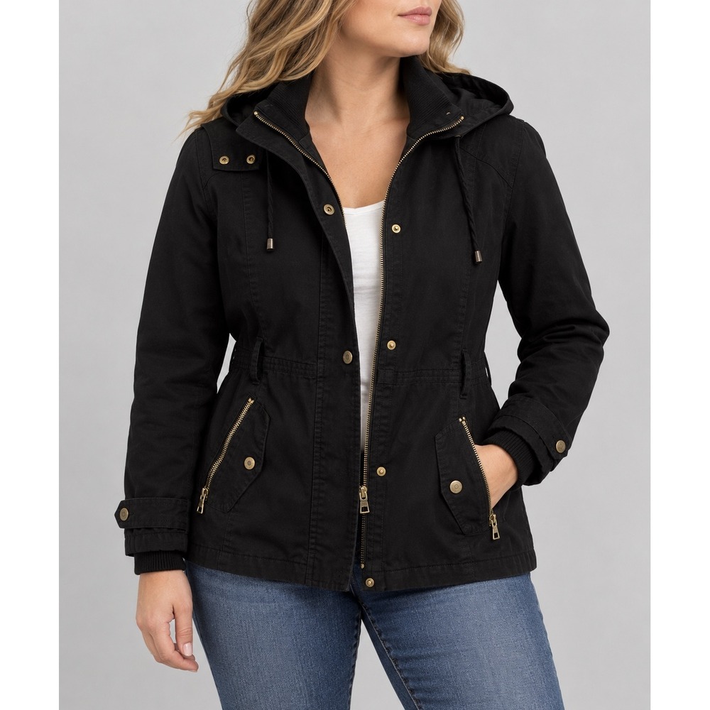 Miss London Black Label Utility Anorak Jacket Hooded Zip Snap Coat Women's L